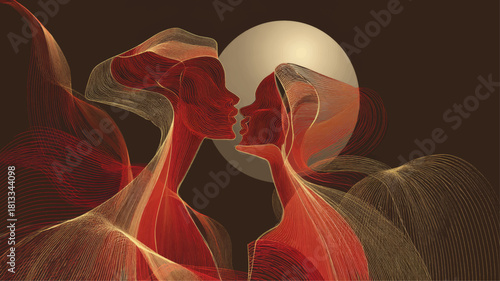 Elegant abstract Valentine’s Day artwork of two lovers formed by glowing flowing lines under a warm moonlit sky, perfect for romantic presentations, modern designs