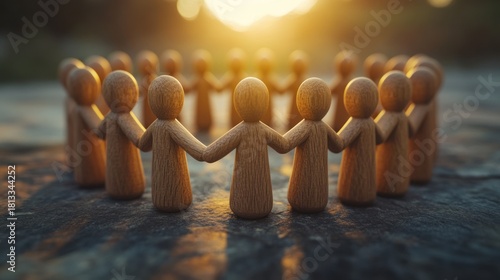 Group of wooden figures holding hands in a circle around a Bible symbolizing unity in faith and prayer together