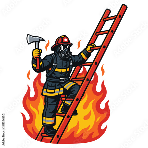 Firefighter in Gas Mask Climbing Ladder with Axe Vector Illustration