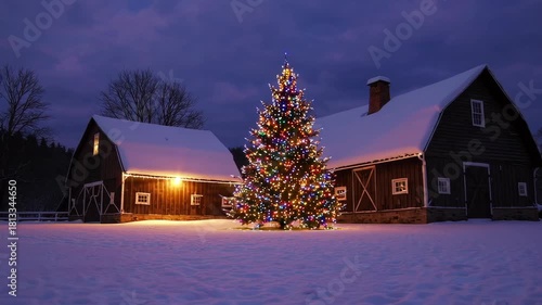 Enchanting winter evening with illuminated christmas tree by rustic barn