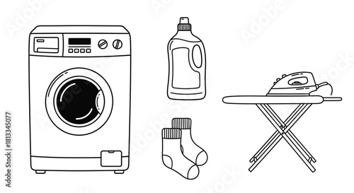 Laundry essentials washing machine detergent ironing board and clean socks