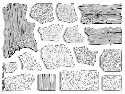 다양한 질감과 모양의 나무 조각 및 나뭇결 패턴 벡터 일러스트 컬렉션
