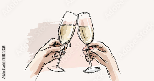 두 잔의 샴페인 잔을 부딪치며 축하하는 손의 벡터 일러스트레이션, 축배와 기념을 표현합니다.