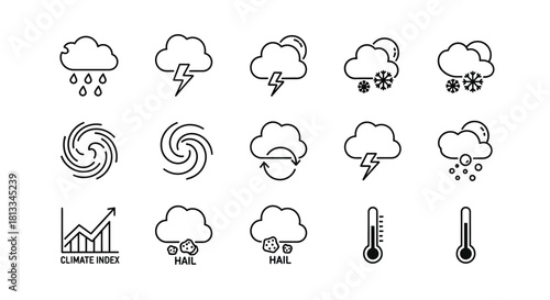 Collection of simple line art weather icons and climate change indicators