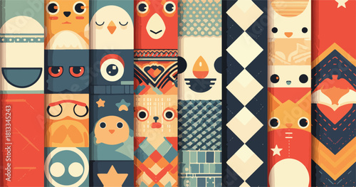 다양한 귀여운 동물 얼굴과 패턴이 있는 다채로운 추상적인 벡터 일러스트레이션