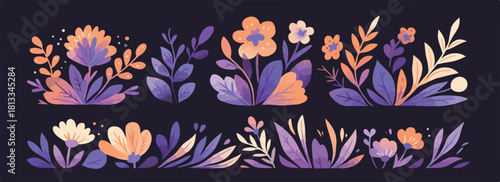 다채로운 색상의 꽃과 잎사귀가 어우러진 추상적인 식물 패턴으로 디자인되었습니다.