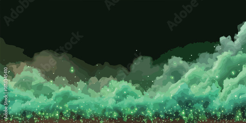 신비로운 밤 숲에 빛나는 반딧불이와 몽환적인 구름이 떠 있는 풍경