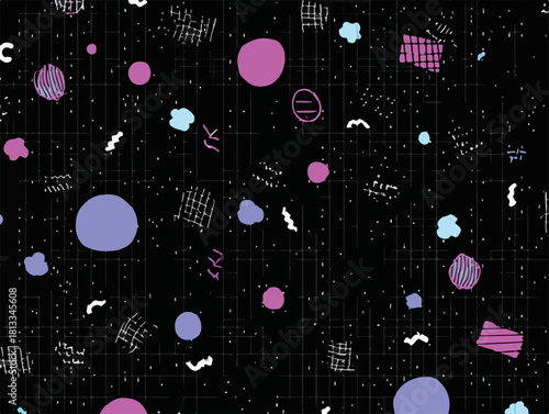 다채로운 기하학적 패턴과 추상적인 모양이 어우러진 텍스처 배경, 80년대 레트로 스타일