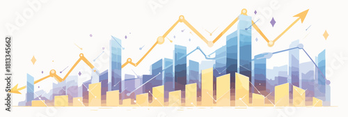 도시 풍경을 배경으로 상승하는 그래프와 화살표로 표현된 성장과 성공적인 비즈니스 개념