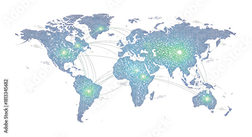 Global connectivity map illustrating interconnectedness and information flow across continents through a network of luminous points and lines, symbolizing a digital age of communication