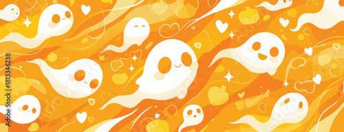 귀여운 유령들이 오렌지색 배경에서 즐겁게 떠다니는 할로윈 일러스트 벡터