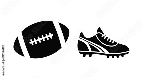 A simple graphic illustration featuring a football and a cleated shoe