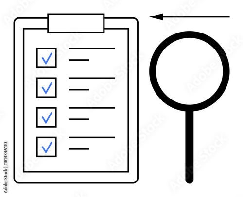 Business checklist. Checklist organization and task management. Checklist with magnifying glass highlighting attention to tasks. For productivity, analysis, audits, management tools, and quality