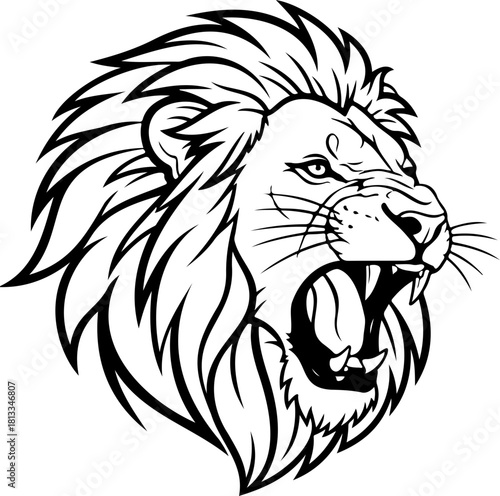 Powerful lion roaring fiercely with intricate line art, a symbol of strength and courage perfect for logos, tattoos, or branding with impact