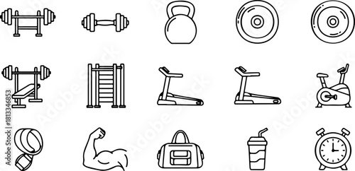 Gym equipment icons for fitness enthusiasts and workout routines in a scalable vector style, perfect for health and wellness brands wanting a modern fitness look