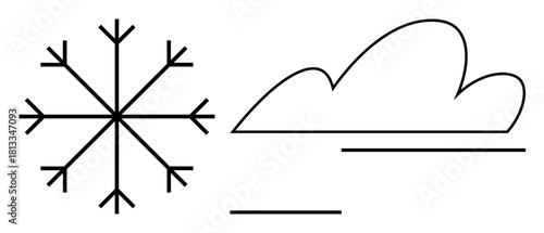 Snowflake beside minimal cloud with lines suggesting ground and horizon. Ideal for weather, winter, nature, seasons, climate, cold, forecasting themes. Simple flat metaphor