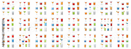 Seamless pattern of various colorful alcoholic and non-alcoholic drinks and cocktails in different glassware, vector illustration set.
