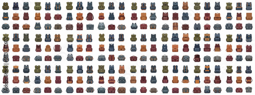 Large collection of flat design backpacks, rucksacks, satchels, and messenger bags for travel, school, and outdoor adventure illustration.