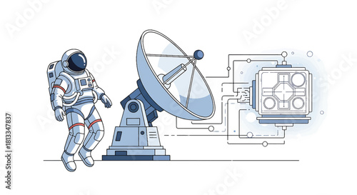 Astronaut and Satellite Dish with Futuristic Technology Connection