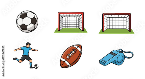 Cartoon illustration of soccer football and refereeing equipment on white background
