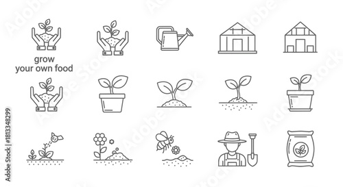 Gardening icons depicting plants tools and a small greenhouse structure