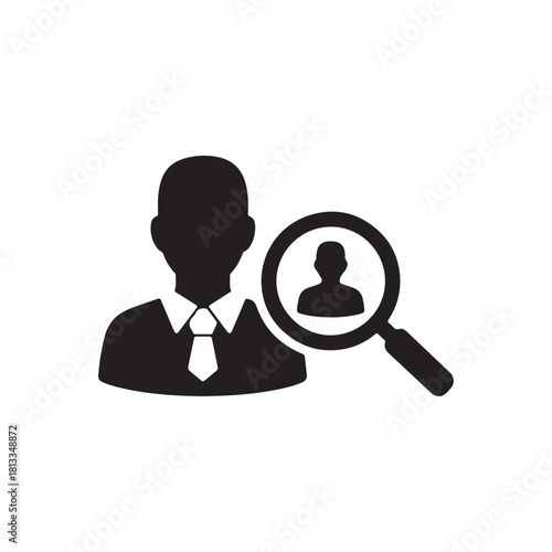 Solid icon of a magnifying glass over a user for search or discovery.

