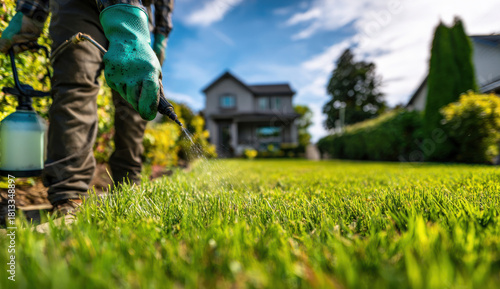 A person wearing gloves is using a garden sprayer to apply fertilizer or pesticide to a lush green lawn in front of a house on a sunny day, ensuring healthy growth and maintenance.
