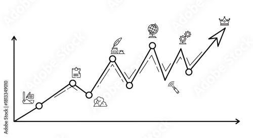 Graph Illustrating Growth and Achievement Journey with Milestones and Symbols of Progress