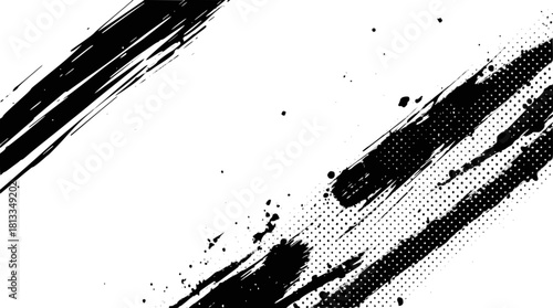 Abstract black ink brush strokes with halftone texture isolated on
