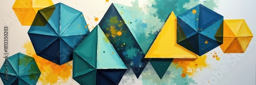 Geometric shapes and forms are painted in various shades of blue, turquoise, and yellow, creating a striking abstract composition with an eye-catching and modern aesthetic against a white backdrop.