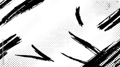 Scattered black brush strokes with halftone dots grunge background, isolated on white