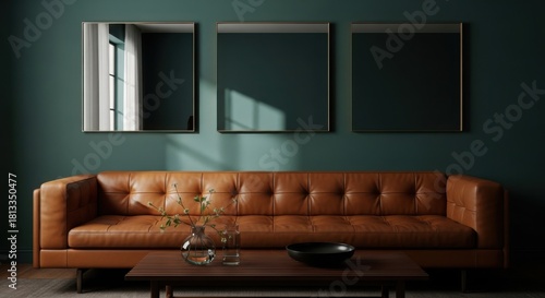 Modern living room with tufted leather sofa and minimalist wall mirrors