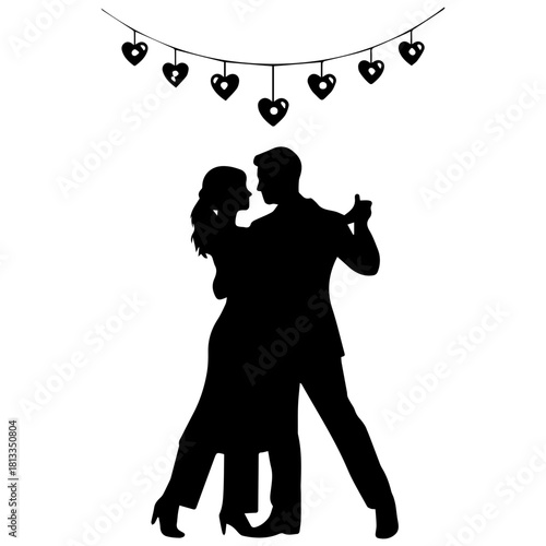 Black Silhouette of Elegant Couple Dancing Together Under Heart Bunting