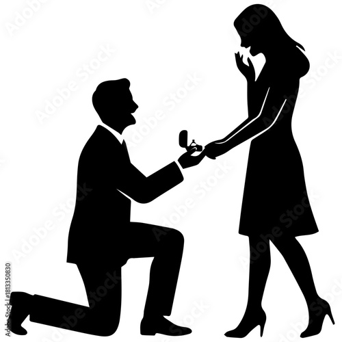 Black Silhouette of Man Kneeling to Propose while Holding Woman's Hand and Ring Box