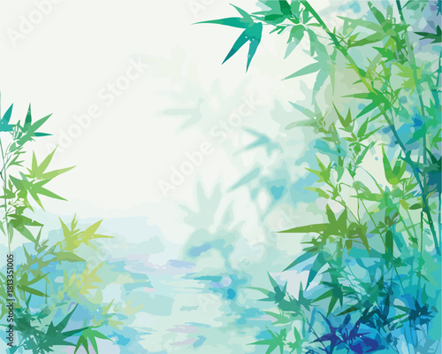 푸른 물 위에 비친 싱그러운 대나무 잎의 추상적인 벡터 아트 배경