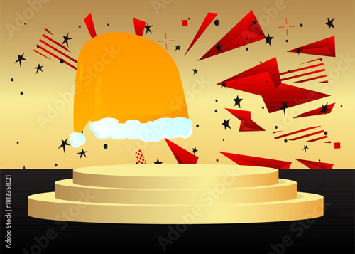 Mockup product display with Santa Claus Hat. Vector cylinder pedestal podium. Stage showcase for presentation. Minimal geometric forms.