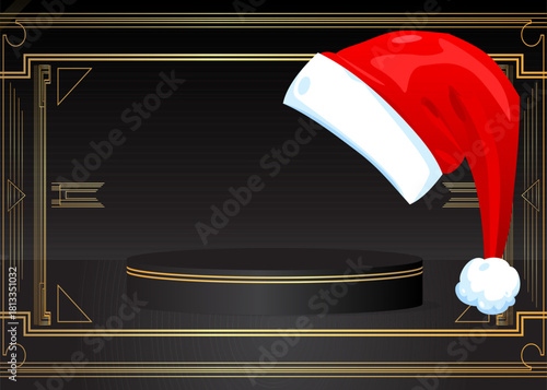 Mockup product display with Santa Claus Hat. Vector cylinder pedestal podium. Stage showcase for presentation. Minimal geometric forms.