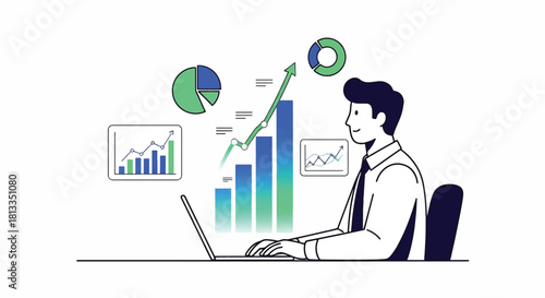 Business professional analyzing financial growth charts and data on a laptop, illustrating success and strategic planning in a modern office setting