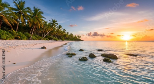 Beautiful tropical beach sunset paradise vacation destination with palm trees and ocean views for travel