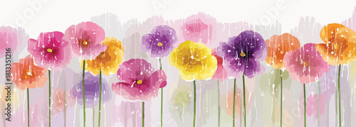 다양한 색상의 수채화 팬지 꽃들이 부드러운 배경에 피어나는 모습