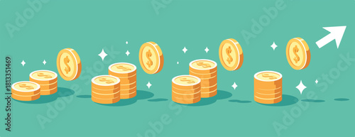 성장하는 동전 더미와 상승 화살표가 있는 밝은 비즈니스 성장 일러스트
