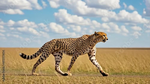 Dynamic footage capturing a cheetah sprinting across expansive grasslands under a vibrant sky, highlighting speed and wildlife behavior.