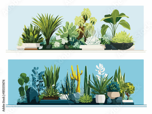 다양한 실내 식물들이 조화롭게 배치된 벡터 일러스트레이션, 자연과 도시 생활의 조화