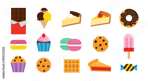 Assortment of colorful sweets and desserts isolated on white background