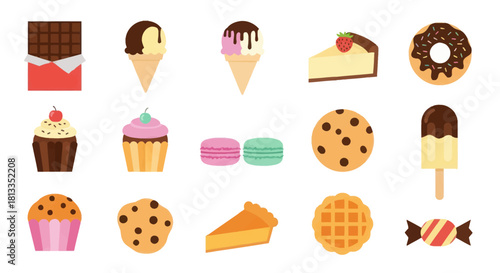 Assortment of desserts chocolate ice cream cake donuts and cookies