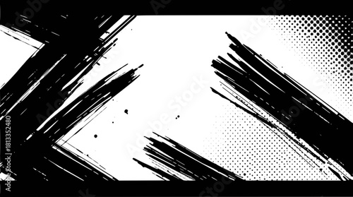 Black grunge brush strokes with halftone texture on