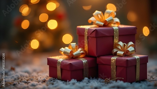 Beautifully wrapped Christmas gift boxes with elegant golden ribbons, stacked precariously, soft bokeh of sparkling lights against a dark, festive backdrop, captured during a winter twilight, photo.