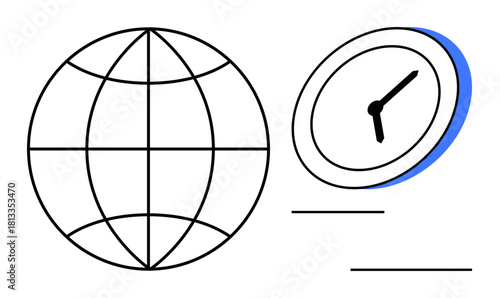Globe representing global reach next to tilted clock symbolizing time management. Ideal for business, logistics, globalization, scheduling, communication, travel, efficiency. Simple flat metaphor