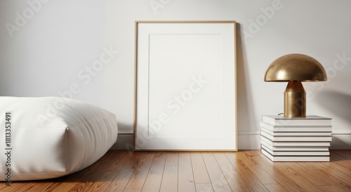 Minimalist room corner with blank canvas and mushroom lamp on books