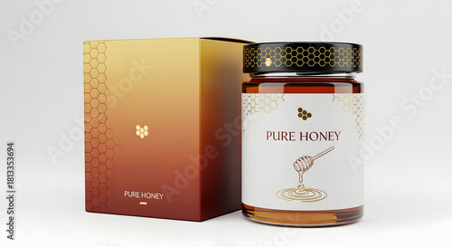 Premium honey jar with elegant packaging and golden accents